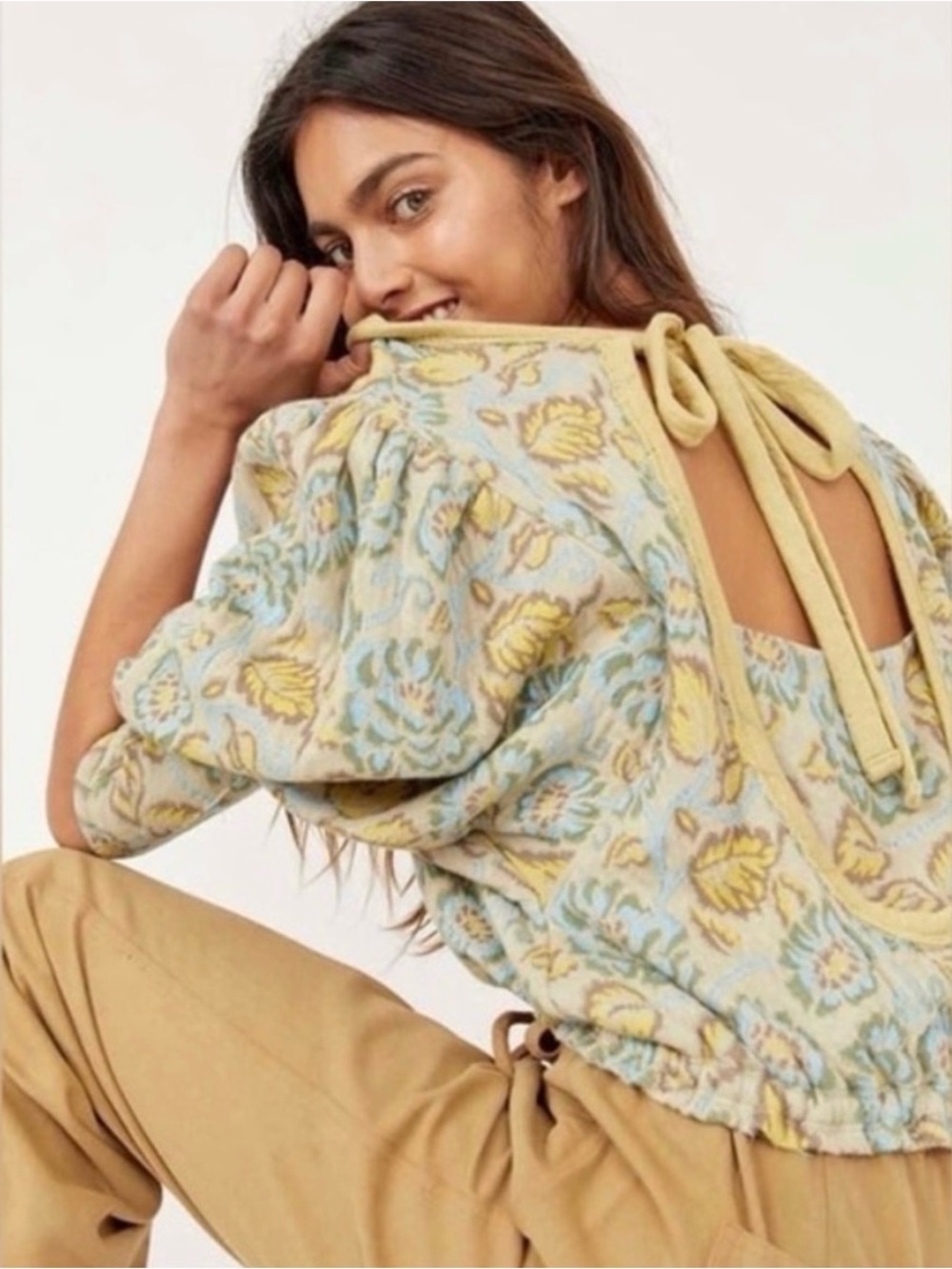 Free People Olive Green Floral Tie-Back Knit Top